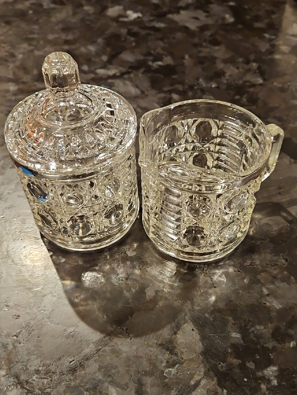VTG Federal Glass Windsor Button & Cane Clear Pressed Sugar Bowl & Creamer Set